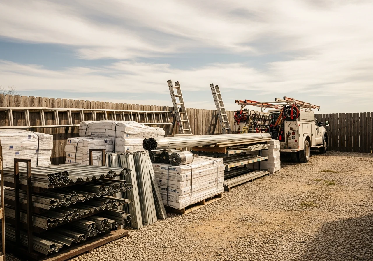 Roofing crew and tools on a residential job site, showcasing professional equipment and materials ready for installation.