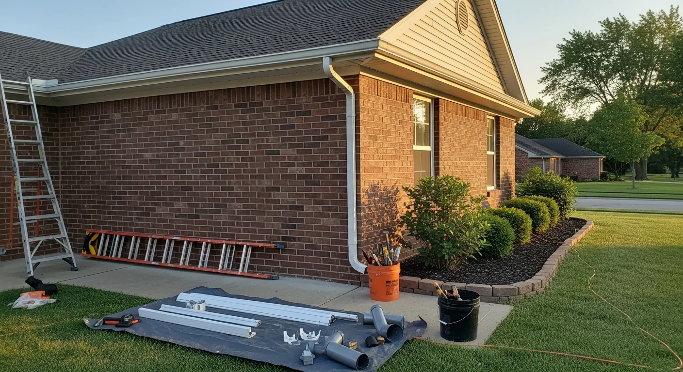 New gutters installed on the edge of a residential roof