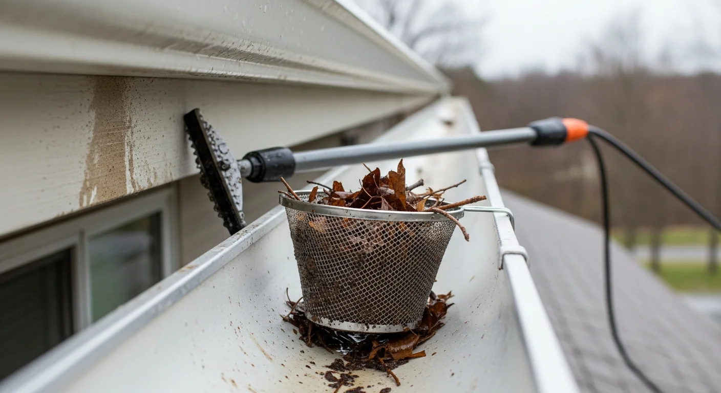 A Republic Roofing technician clearing packed leaf debris and twigs from a residential gutter on a ranch-style home in Republic, MO. The cleaned gutter section shows open, unobstructed flow toward a downspout.