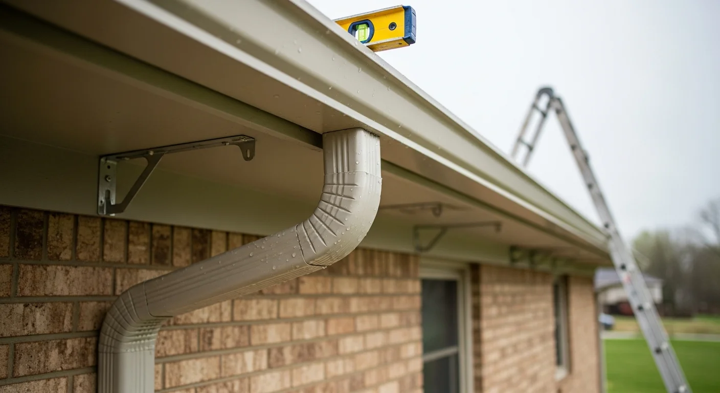 Newly installed gutters on a single-family home in Republic, Missouri, with downspouts directed away from the foundation. Close view shows clean gutter channels and secure bracket attachment along a shingled roofline.
