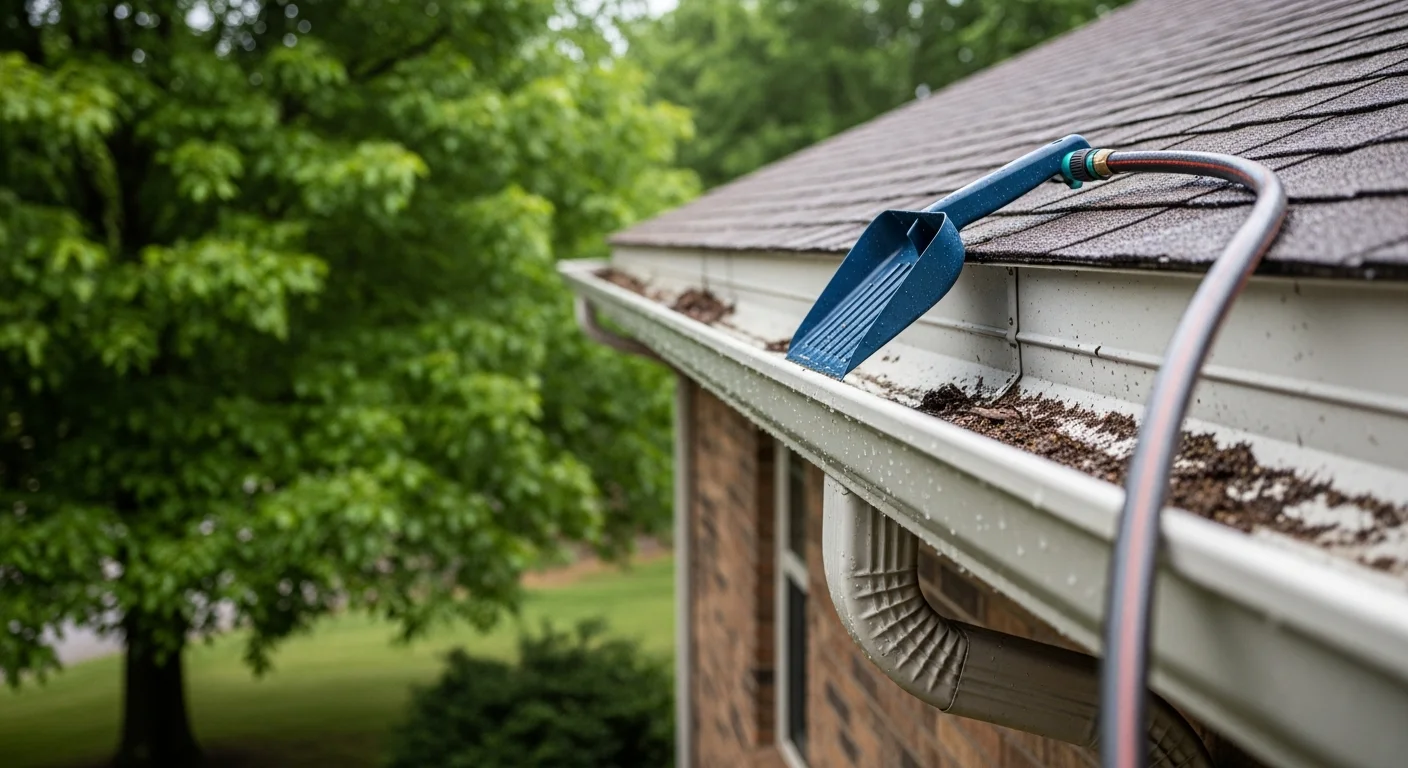 A Republic Roofing technician clearing leaf and debris buildup from a residential gutter on a single-story home in Republic, MO. The downspout is visible and water is flowing freely after the maintenance service.