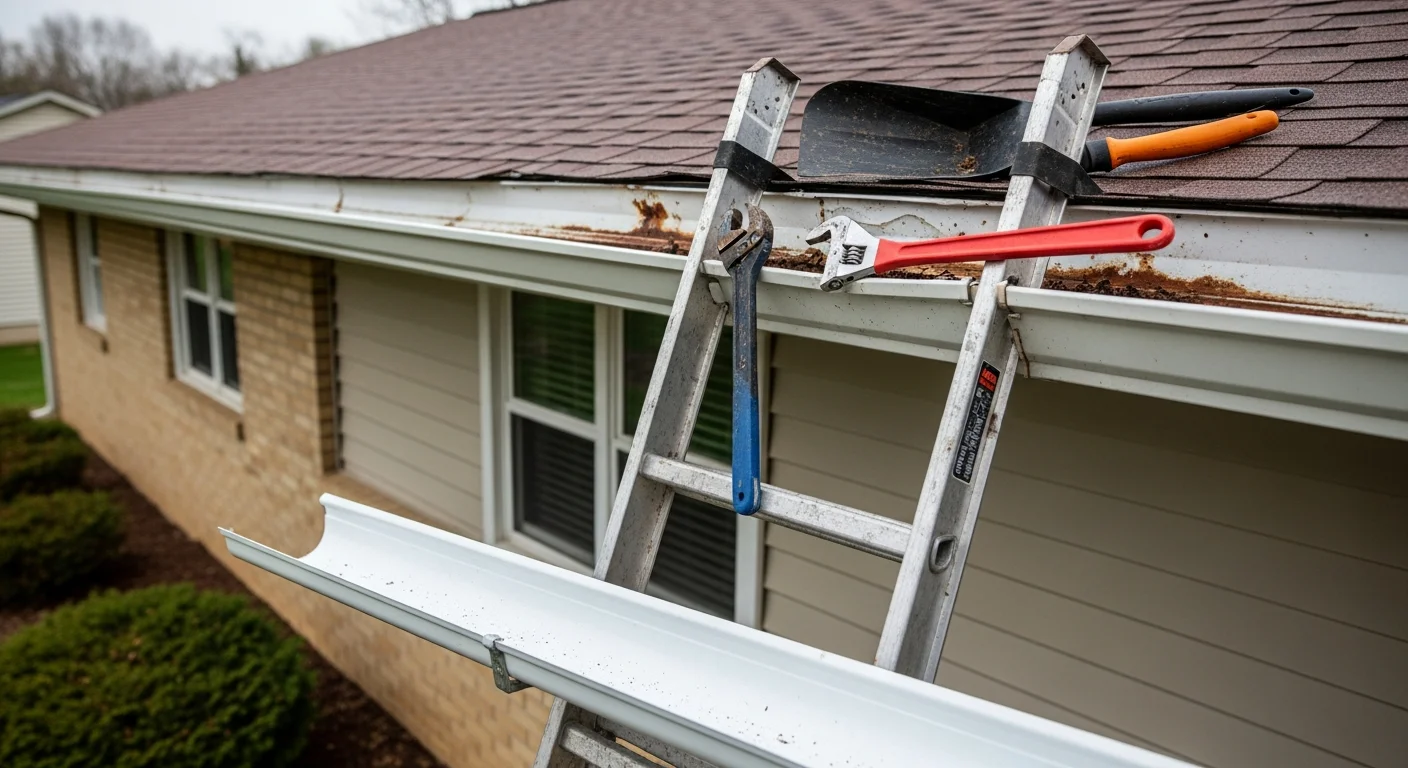 A Republic Roofing technician reattaching a sagging gutter section on a single-family home in Republic, MO. The repaired gutter runs flush against the fascia board with a properly angled downspout directing water away from the foundation.