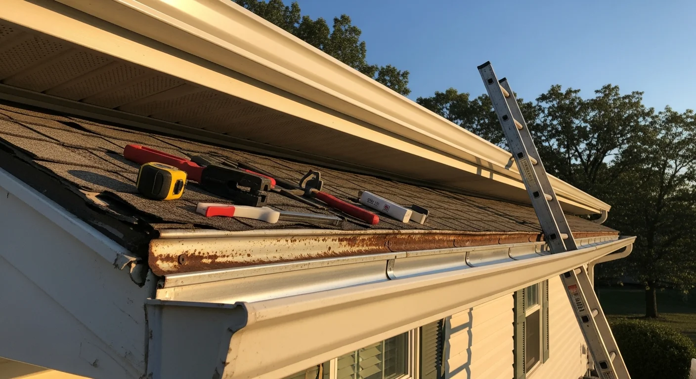 Newly installed gutters running along the roofline of a single-story home in Republic, Missouri, with downspouts positioned to direct water away from the foundation. The old gutter system has been removed and the fascia boards are clean and intact beneath the new installation.