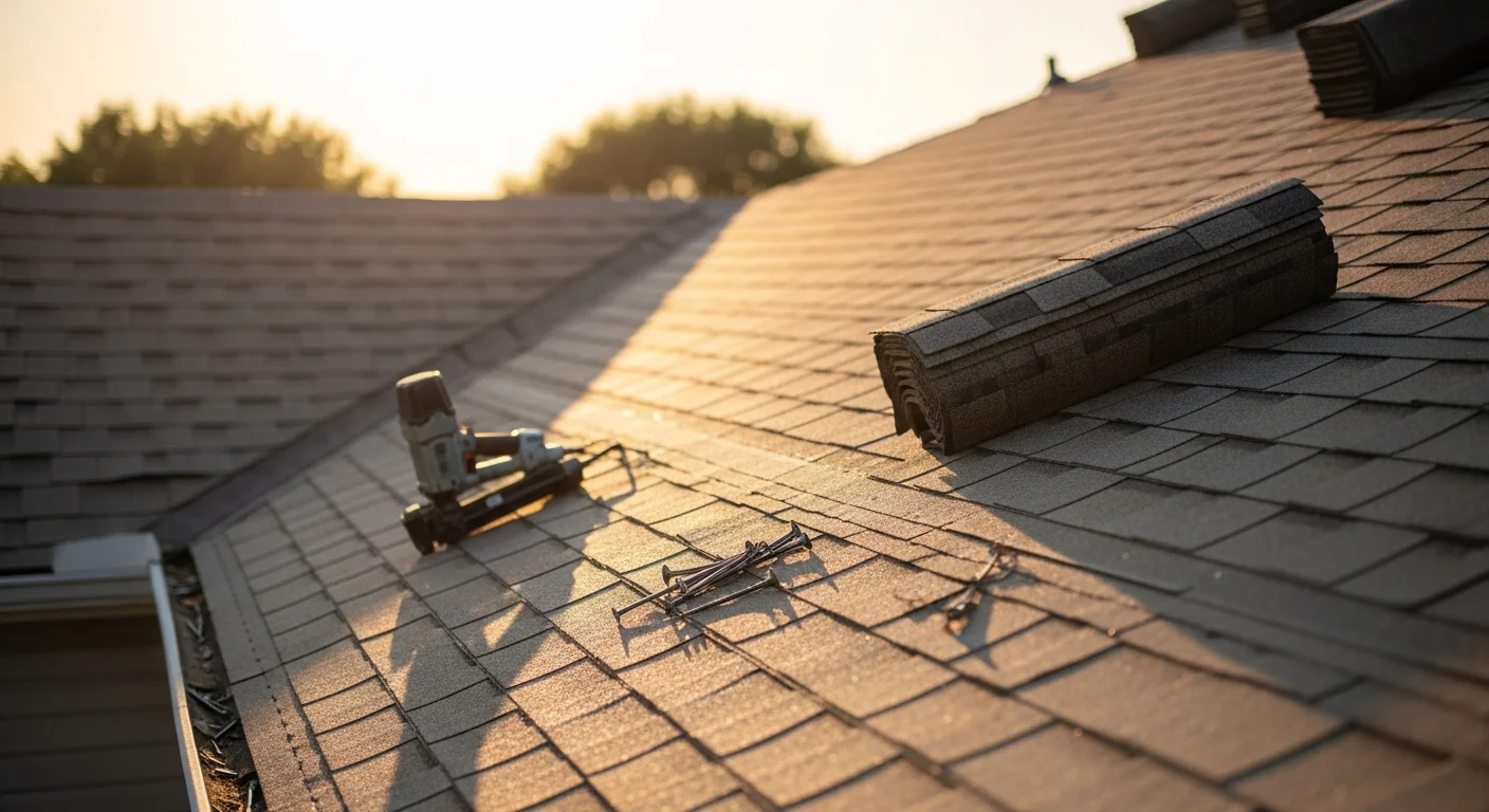 A Republic, MO home with freshly installed reroofing shingles covering the existing layer, viewed from street level. The roof shows clean, uniform shingle lines against a residential neighborhood backdrop.