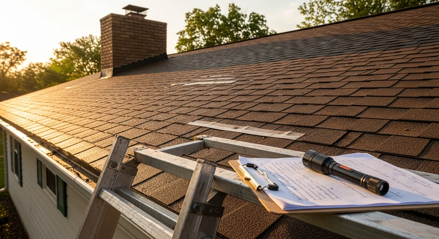 A Republic Roofing contractor inspecting shingles and flashing on a residential roof in Republic, MO. The inspector examines the roof surface up close, with a suburban neighborhood visible in the background.