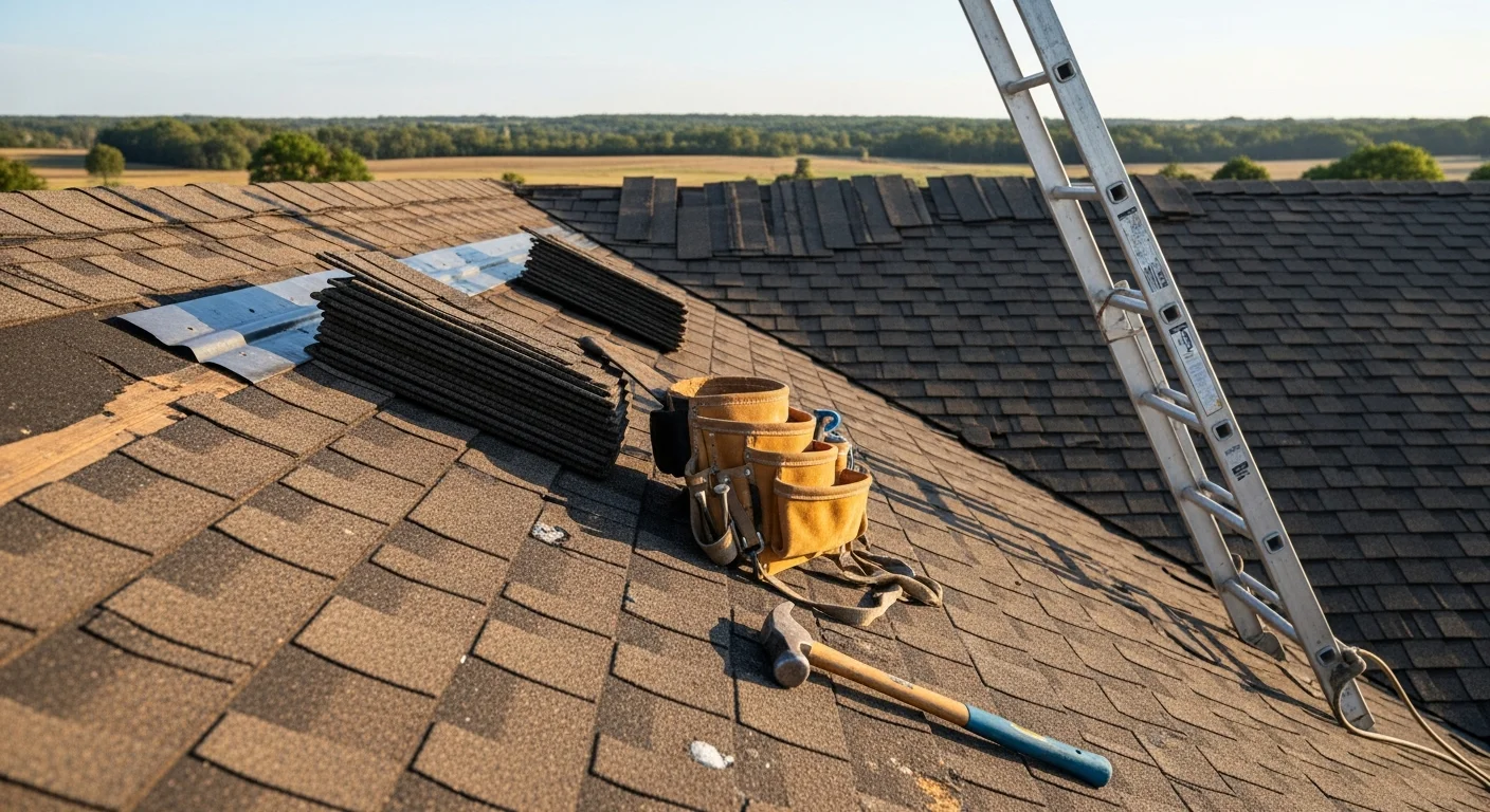 A roofing contractor repairing damaged shingles and flashing on a residential home in Republic, MO. Close-up view shows replaced shingles along the roof valley after a Southwest Missouri hail storm.