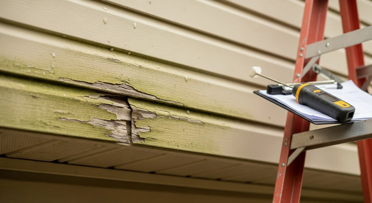 A Republic Roofing contractor inspecting the exterior siding panels of a single-family home in Republic, Missouri, checking seams and panel condition along the front wall. Close-up view shows a gloved hand pressing along a panel edge to check for gaps or moisture damage.