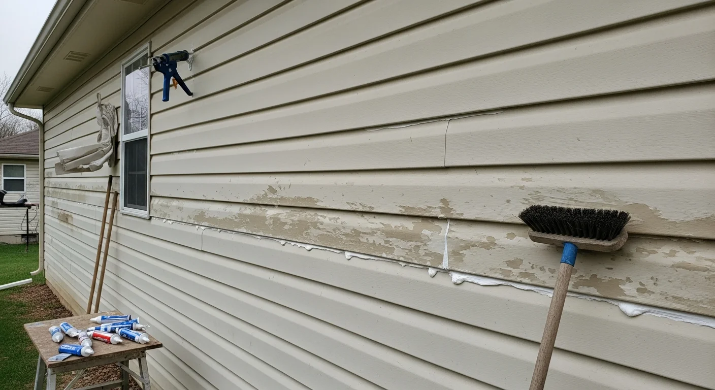 A siding contractor inspecting and resealing exterior wall panels on a residential home in Republic, Missouri. Close-up view shows a technician checking the joint where siding meets a window frame on a single-story house.