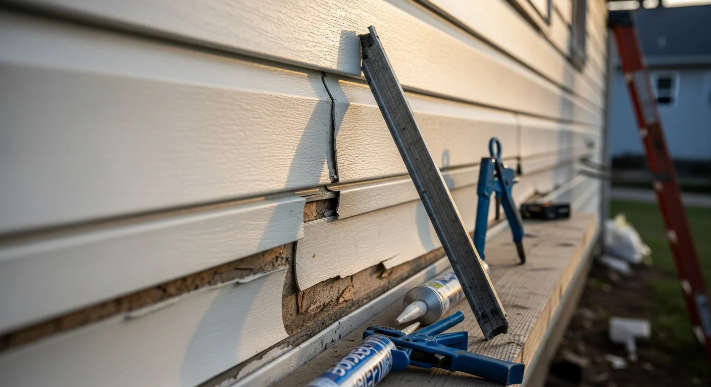 A Republic Roofing crew member inspecting cracked and storm-damaged siding panels on a single-family home in Republic, Missouri. Close-up view shows hail impact marks and a lifted panel seam along the south-facing exterior wall.